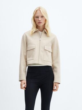 MANGO Cropped Zip Jacket in Light Beige Size: L NWT